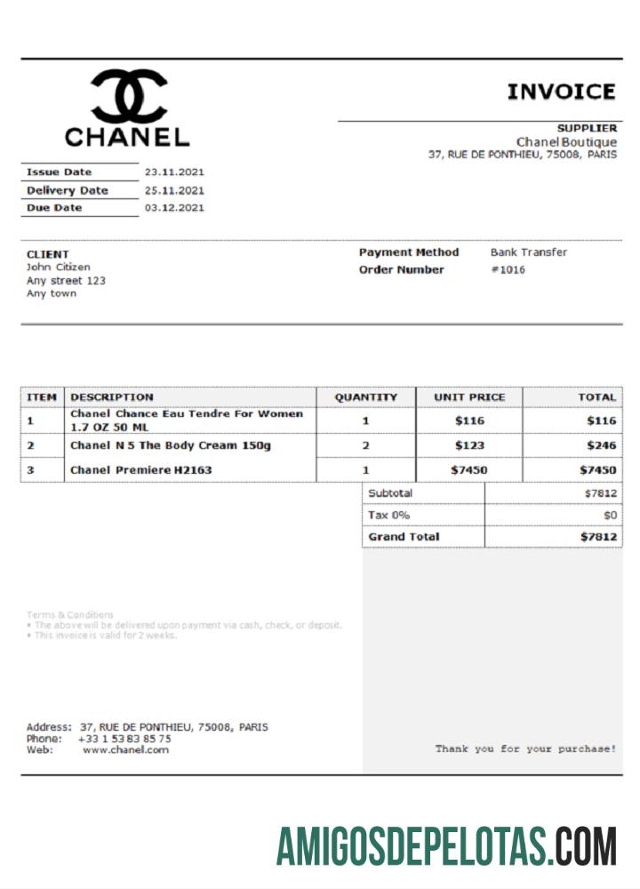 Fatura Chanel EUA modelo